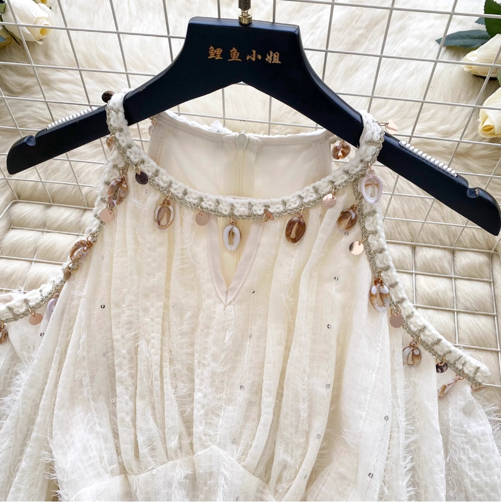 Hollowed Flared Sleeve Apricot Dress
