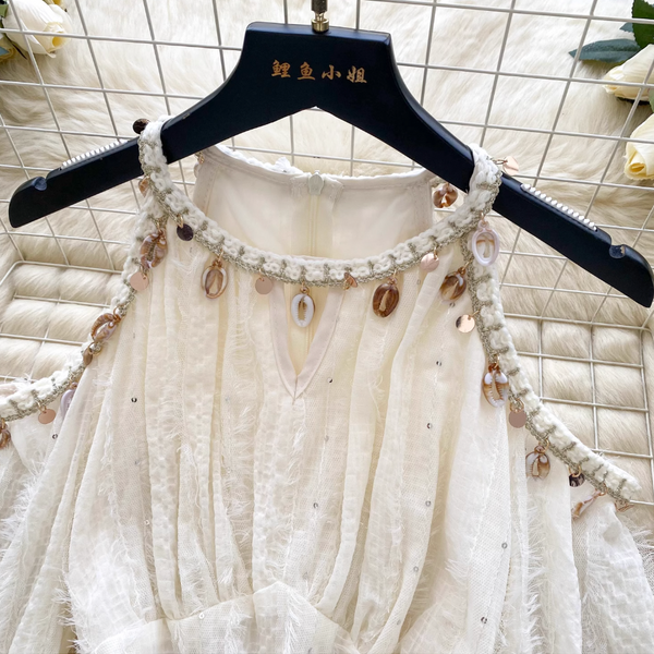 Hollowed Flared Sleeve Apricot Dress