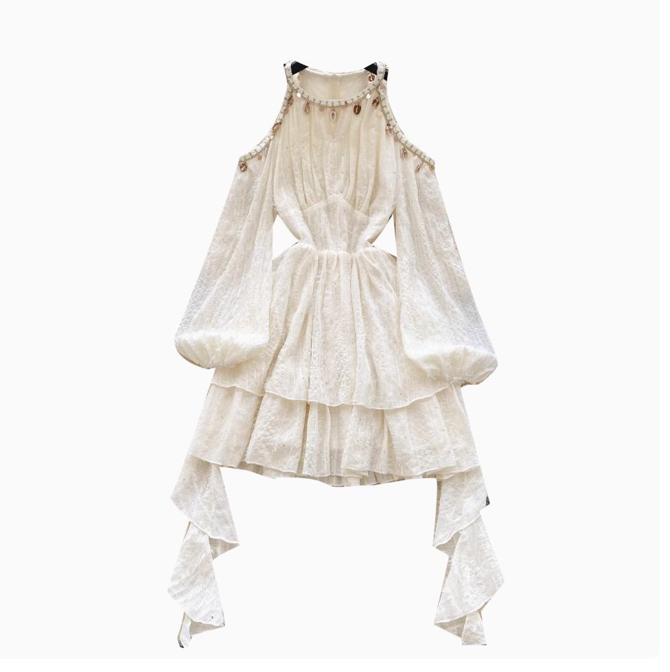 Hollowed Flared Sleeve Apricot Dress