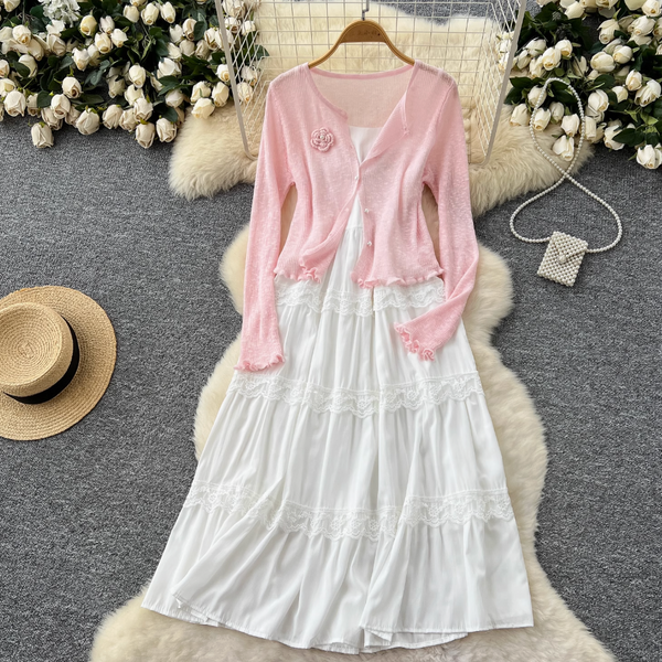 Pink Cardigan & White Slip Dress 2Pcs