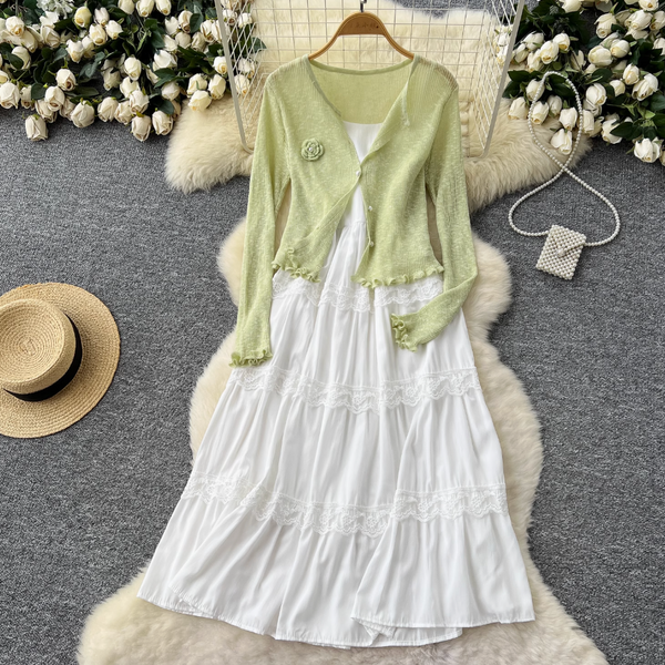 Pink Cardigan & White Slip Dress 2Pcs
