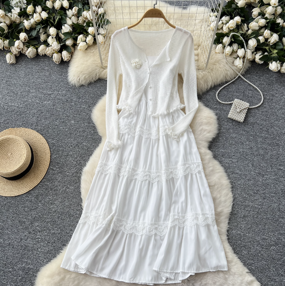 Pink Cardigan & White Slip Dress 2Pcs