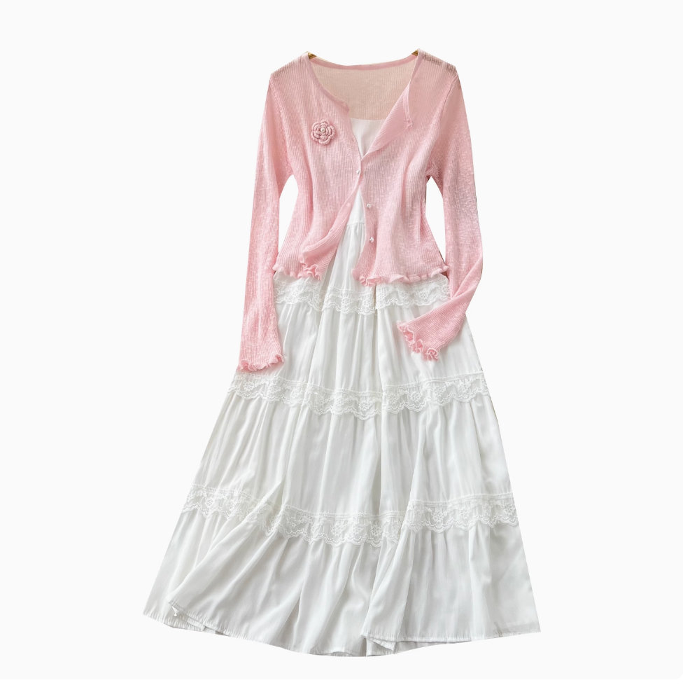 Pink Cardigan & White Slip Dress 2Pcs