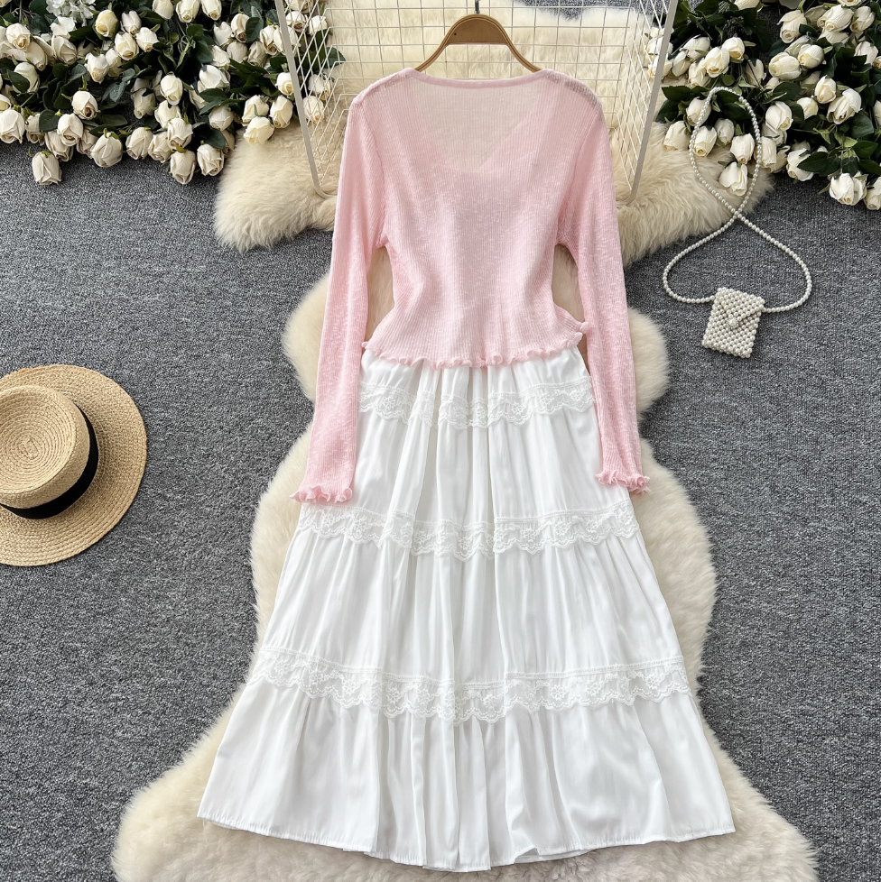 Pink Cardigan & White Slip Dress 2Pcs