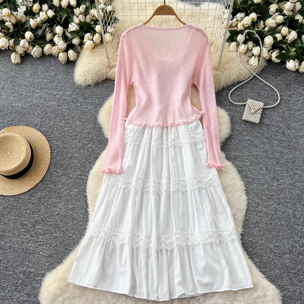 Pink Cardigan & White Slip Dress 2Pcs