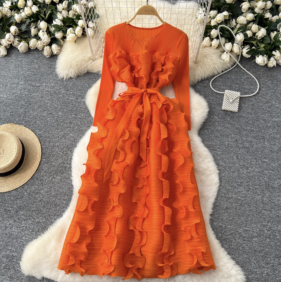 Round Collar Lace-up Ruffled Dress