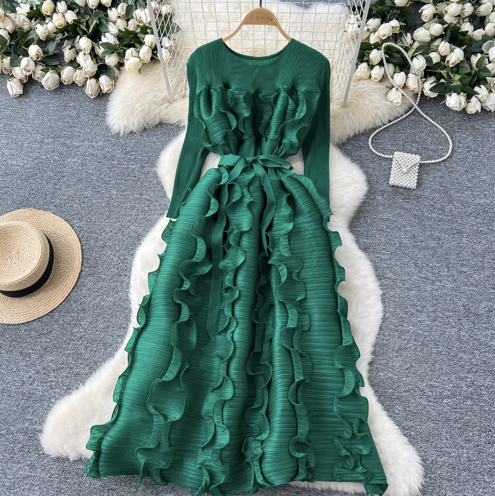 Round Collar Lace-up Ruffled Dress