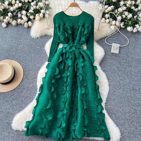 Round Collar Lace-up Ruffled Dress