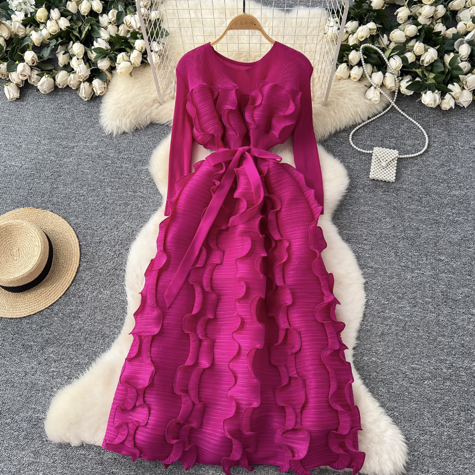 Round Collar Lace-up Ruffled Dress