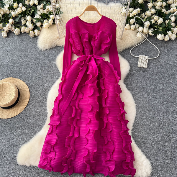 Round Collar Lace-up Ruffled Dress