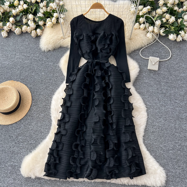 Round Collar Lace-up Ruffled Dress