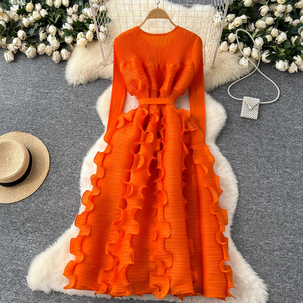 Round Collar Lace-up Ruffled Dress