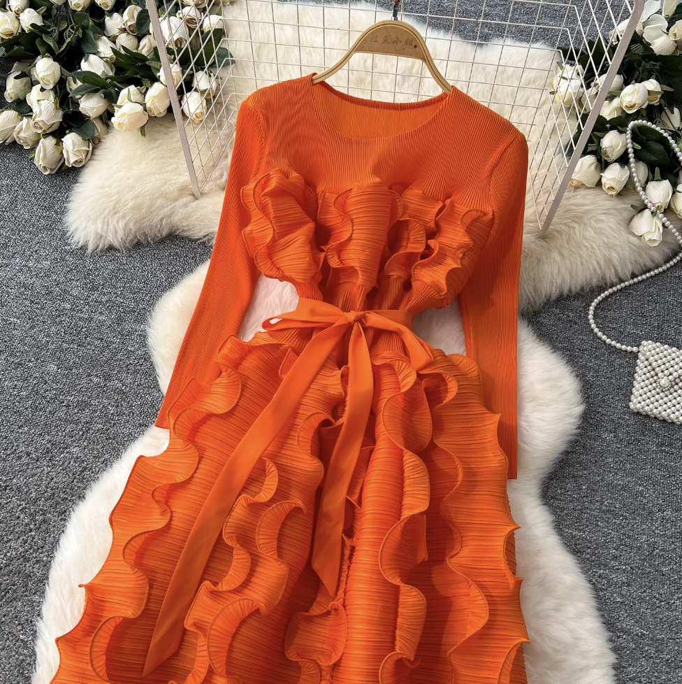Round Collar Lace-up Ruffled Dress