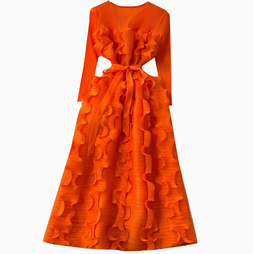 Round Collar Lace-up Ruffled Dress