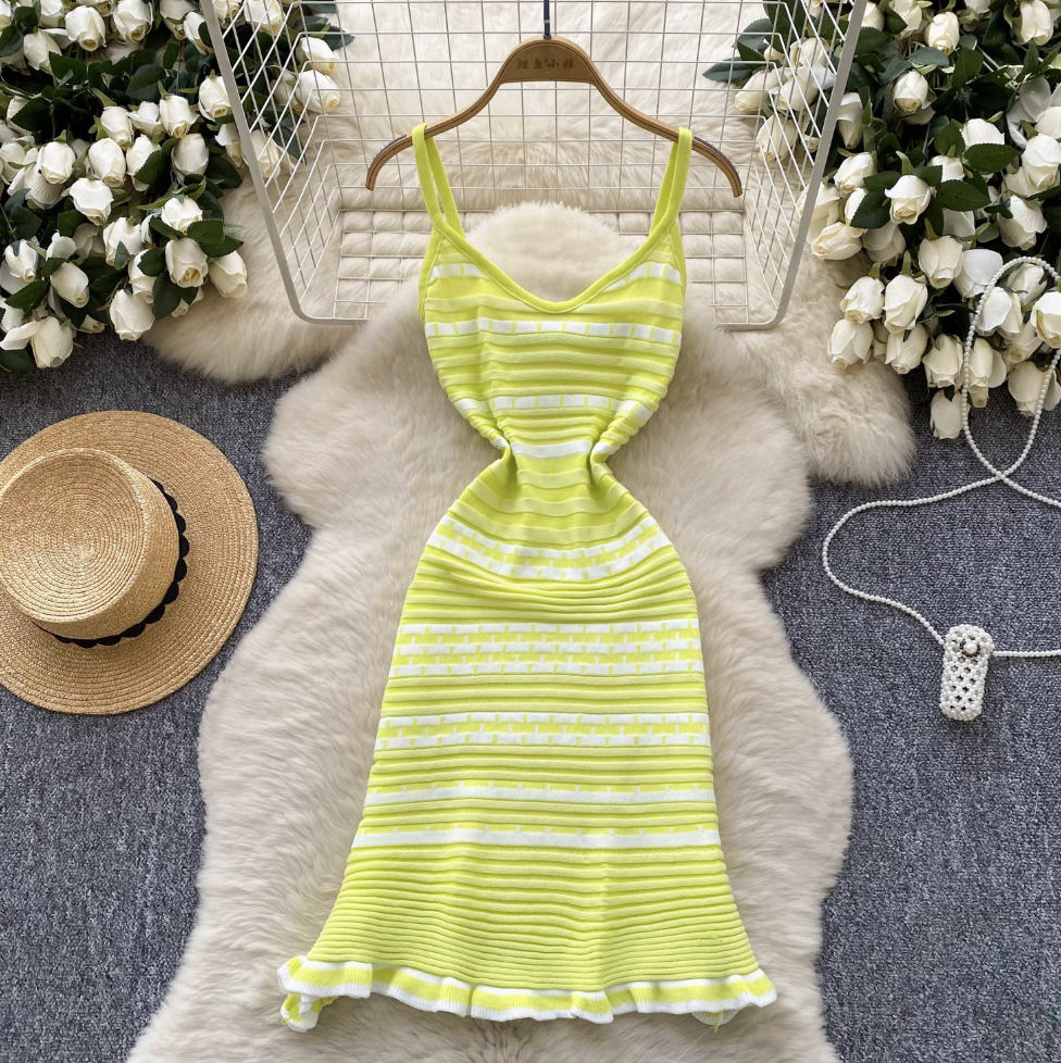 Color-blocking Striped Knitwear Slip Dress