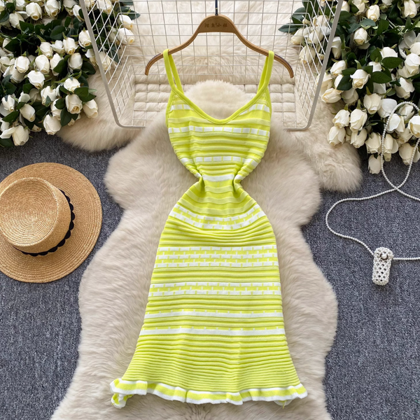 Color-blocking Striped Knitwear Slip Dress