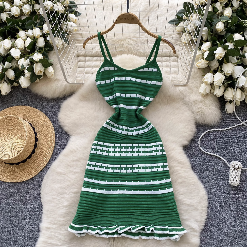 Color-blocking Striped Knitwear Slip Dress