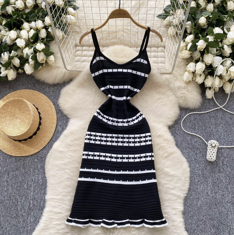 Color-blocking Striped Knitwear Slip Dress