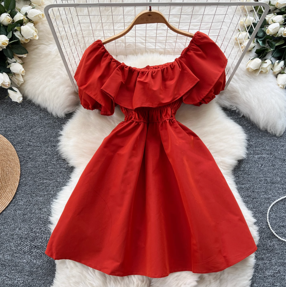 Off-shoulder Ruffled Neckline A-line Dress