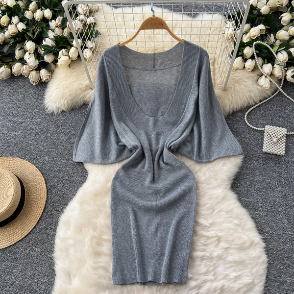 Deep V-neck Outwear Knitted Dress