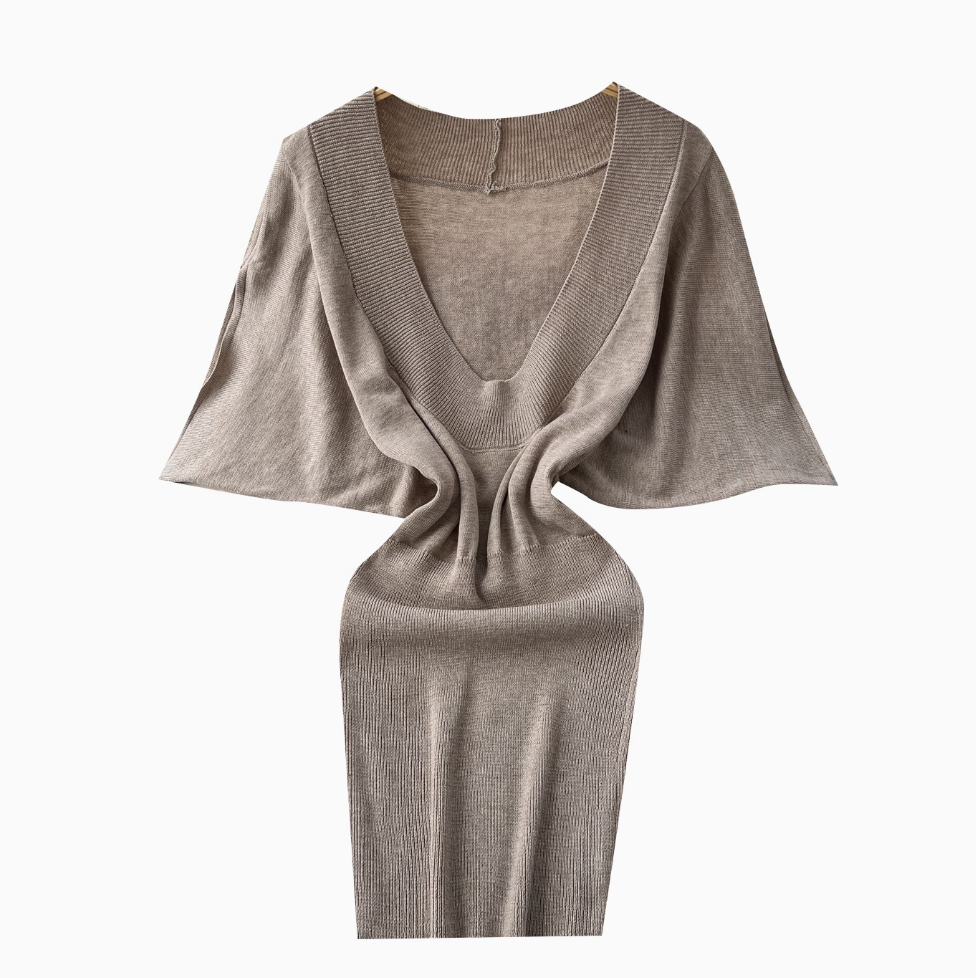 Deep V-neck Outwear Knitted Dress