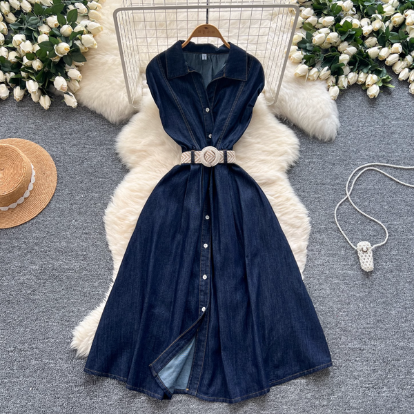 Sleeveless Denim Dress with Woven Belt
