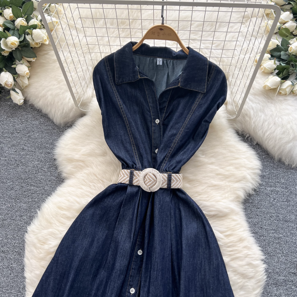 Sleeveless Denim Dress with Woven Belt