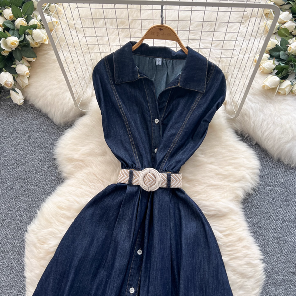 Sleeveless Denim Dress with Woven Belt