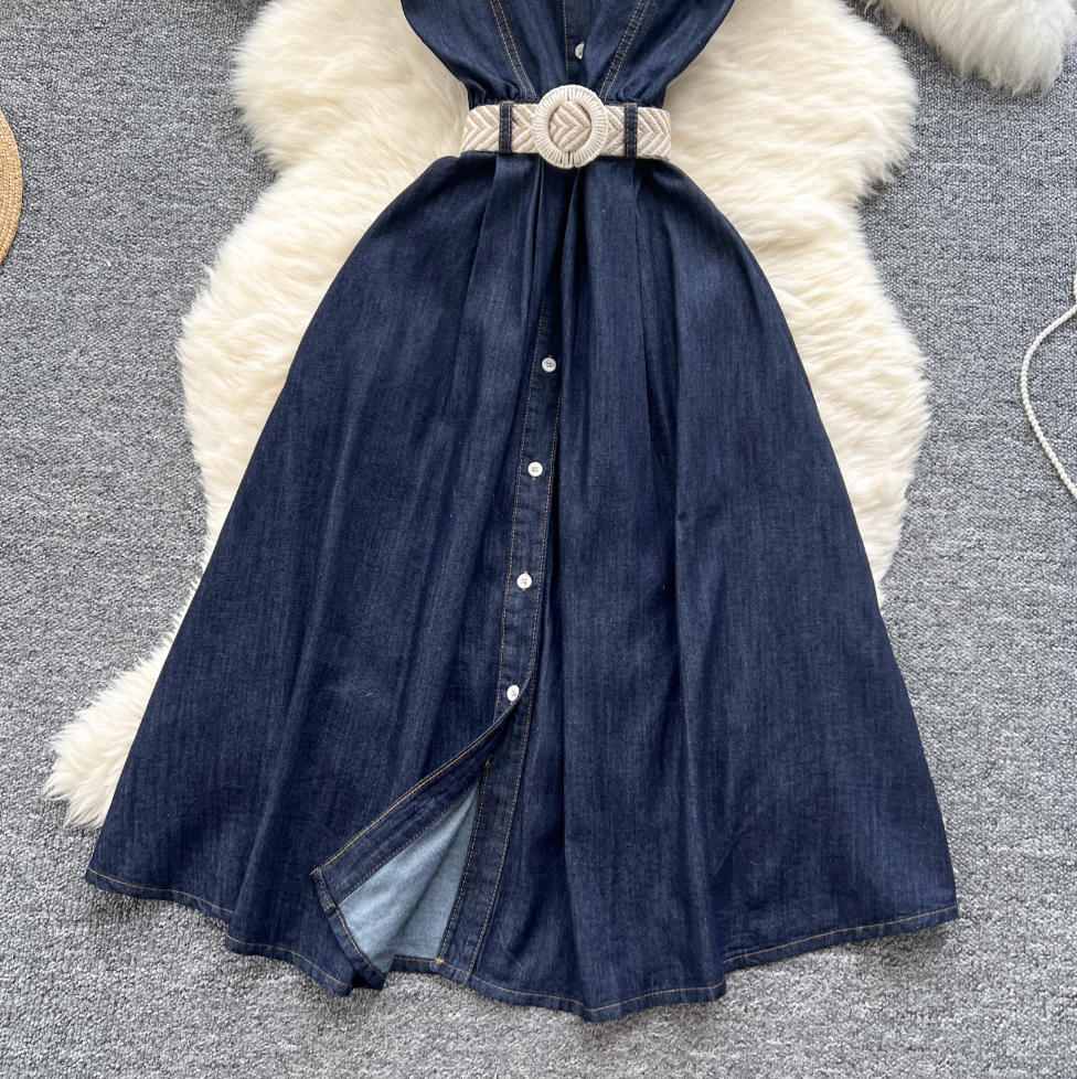 Sleeveless Denim Dress with Woven Belt