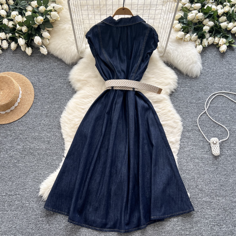 Sleeveless Denim Dress with Woven Belt