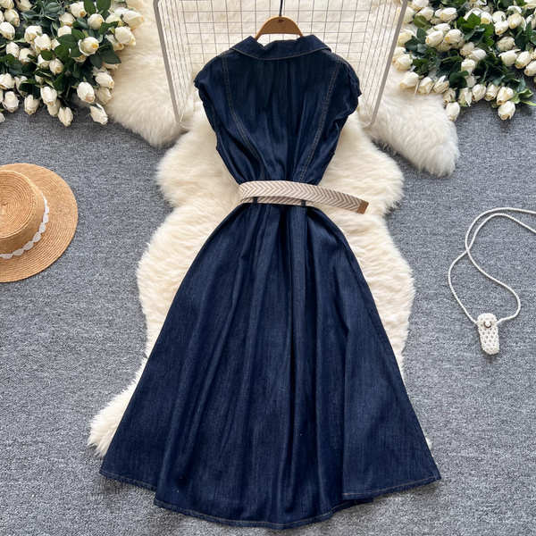 Sleeveless Denim Dress with Woven Belt