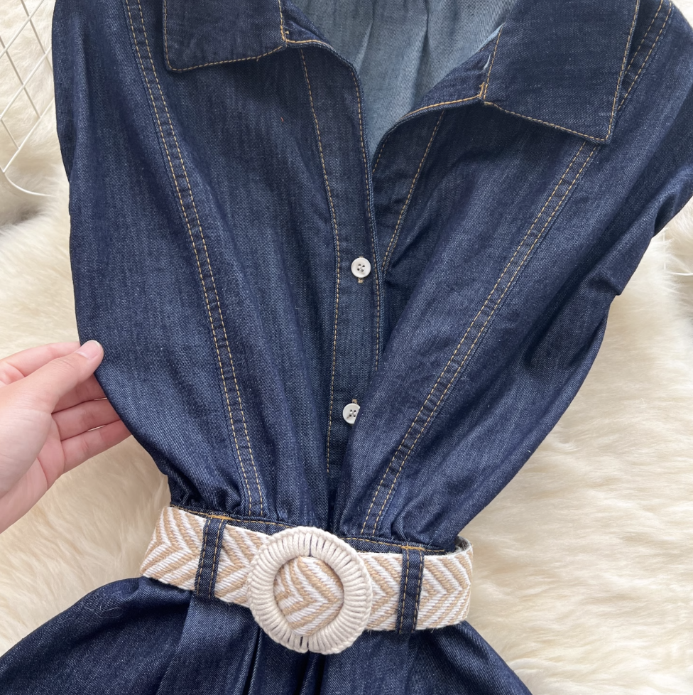 Sleeveless Denim Dress with Woven Belt
