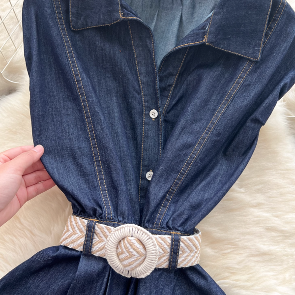 Sleeveless Denim Dress with Woven Belt