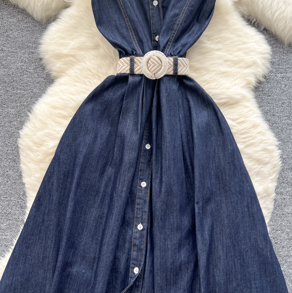 Sleeveless Denim Dress with Woven Belt