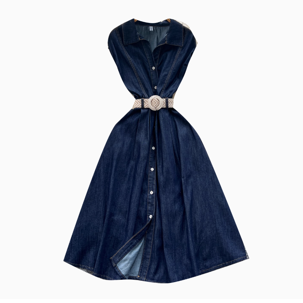 Sleeveless Denim Dress with Woven Belt