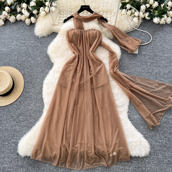 Khaki Mesh Party Dress with Ribbon