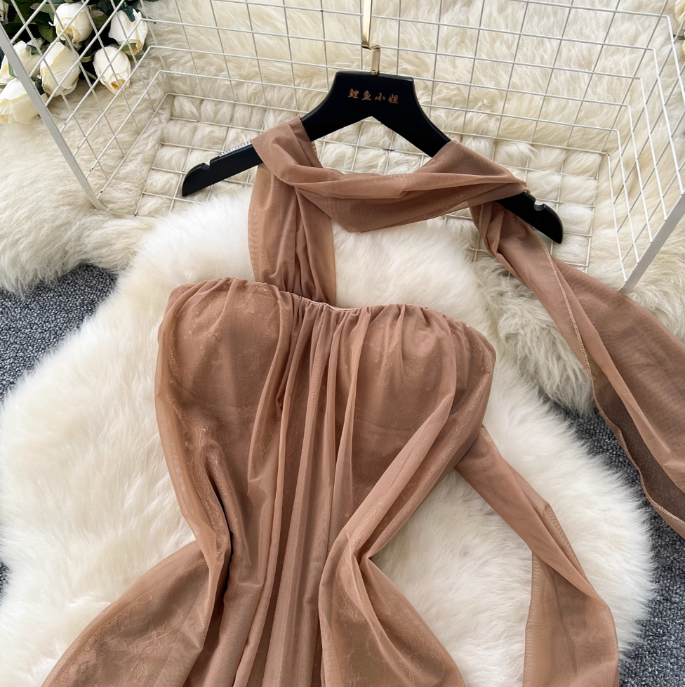Khaki Mesh Party Dress with Ribbon