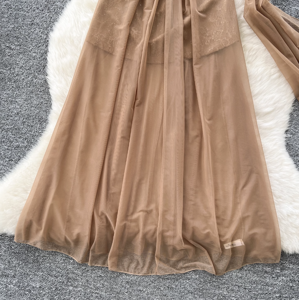 Khaki Mesh Party Dress with Ribbon