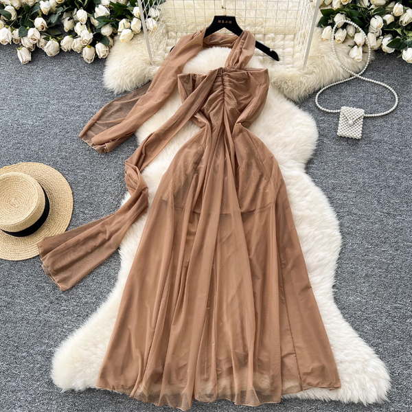 Khaki Mesh Party Dress with Ribbon