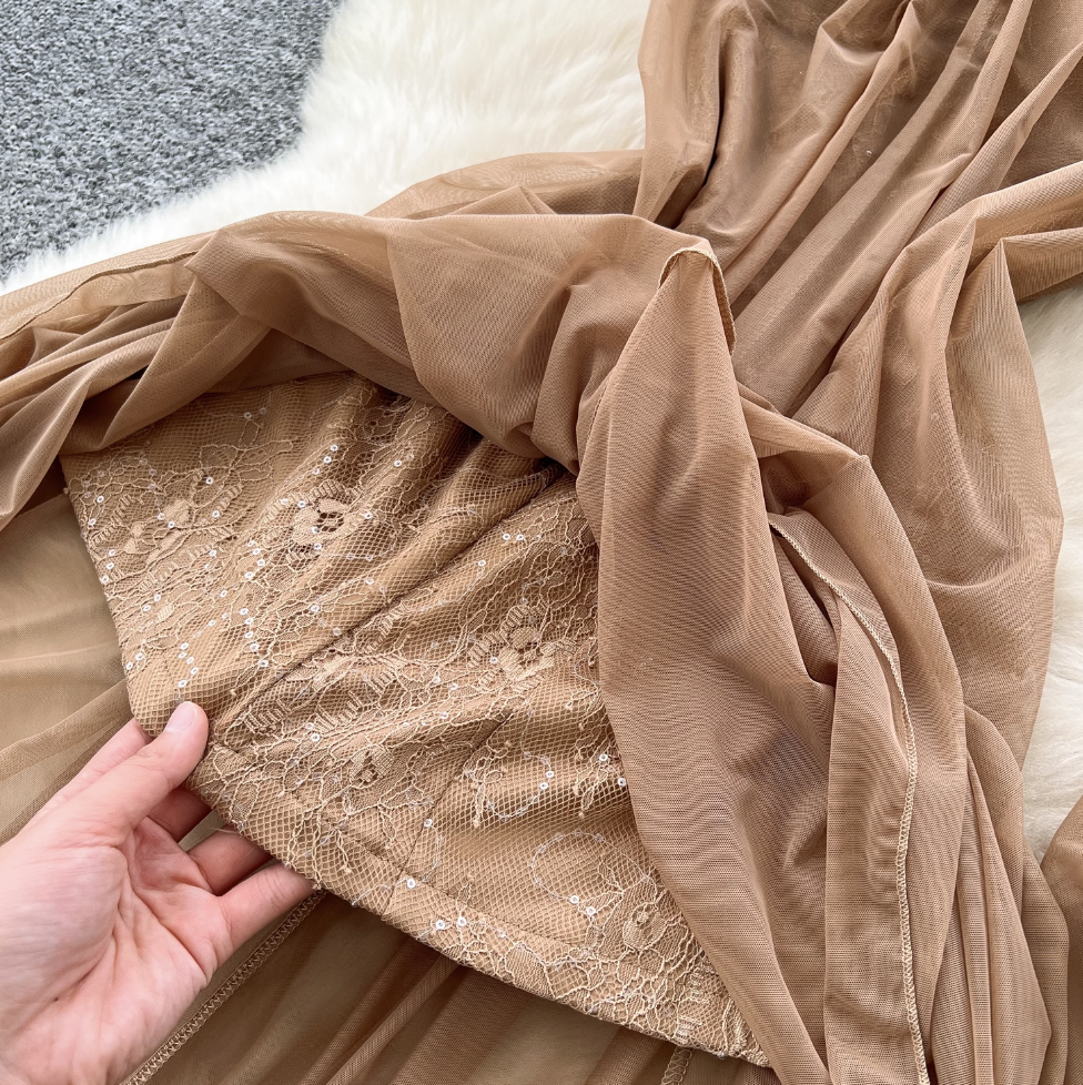 Khaki Mesh Party Dress with Ribbon