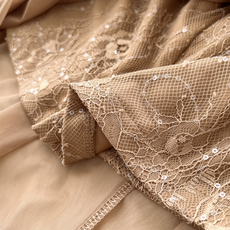 Khaki Mesh Party Dress with Ribbon