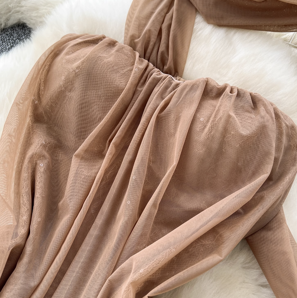 Khaki Mesh Party Dress with Ribbon