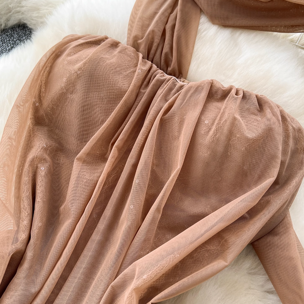 Khaki Mesh Party Dress with Ribbon