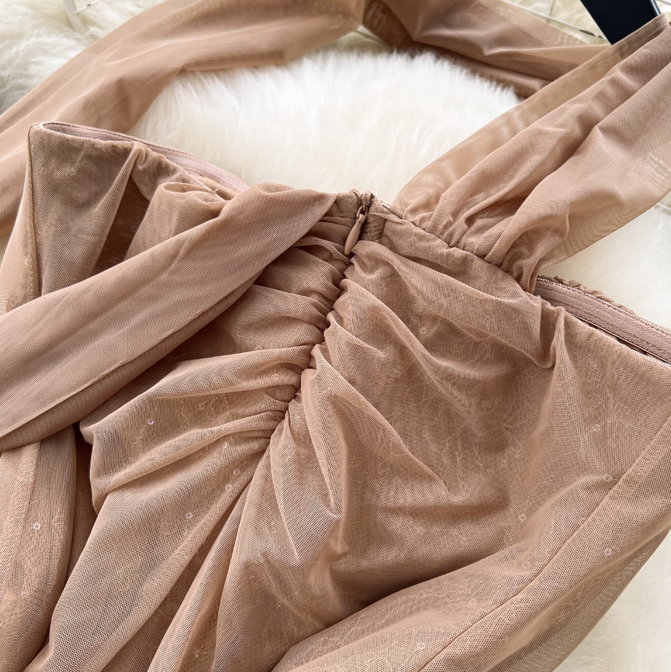 Khaki Mesh Party Dress with Ribbon