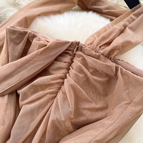 Khaki Mesh Party Dress with Ribbon