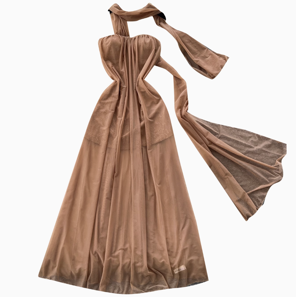 Khaki Mesh Party Dress with Ribbon