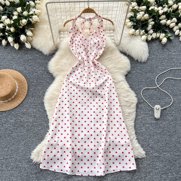 Polka Dot Printed Backless Halter Dress