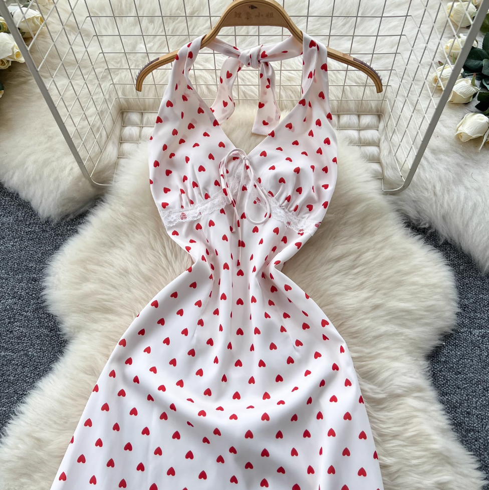 Polka Dot Printed Backless Halter Dress