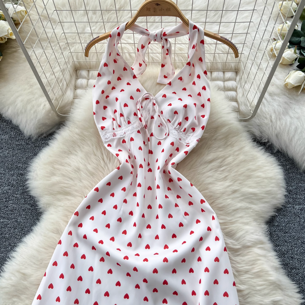Polka Dot Printed Backless Halter Dress