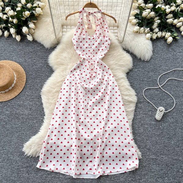 Polka Dot Printed Backless Halter Dress